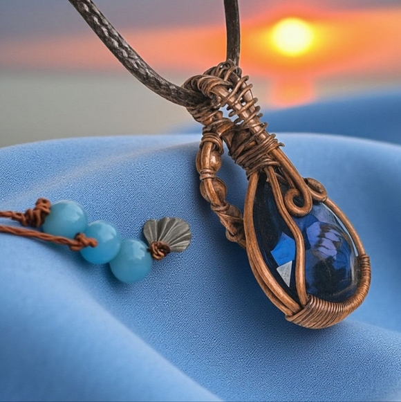🆕️ Boho Chic Deep Blue Quartz Copper Wire Wrapped Pendant Statement Necklace - Picture 15 of 16